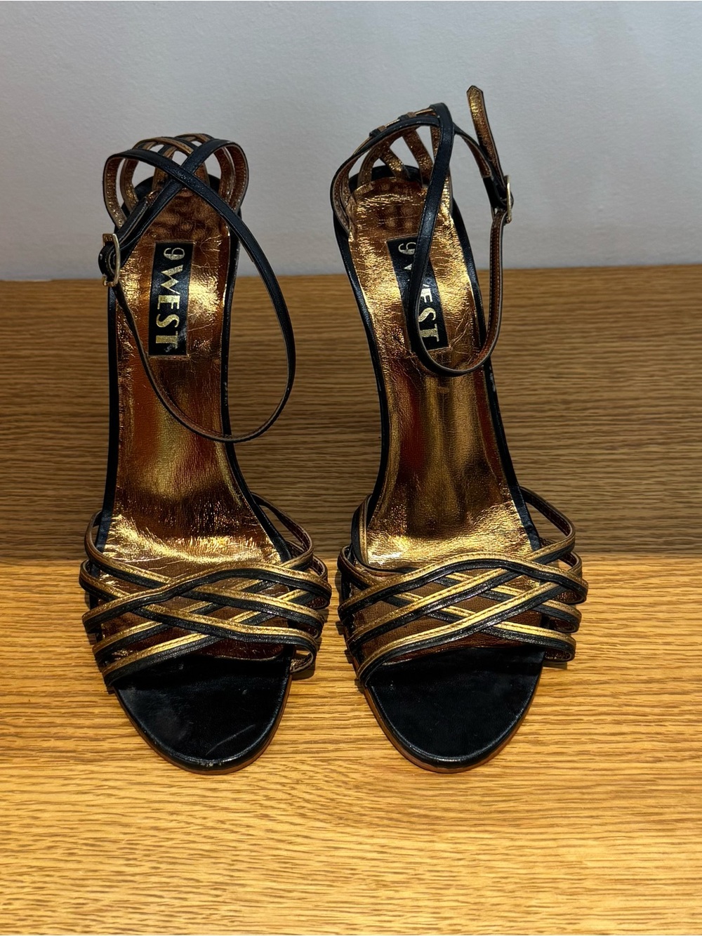 Vintage 9 west Black and Gold Strappy High Heel Sandals 80’s